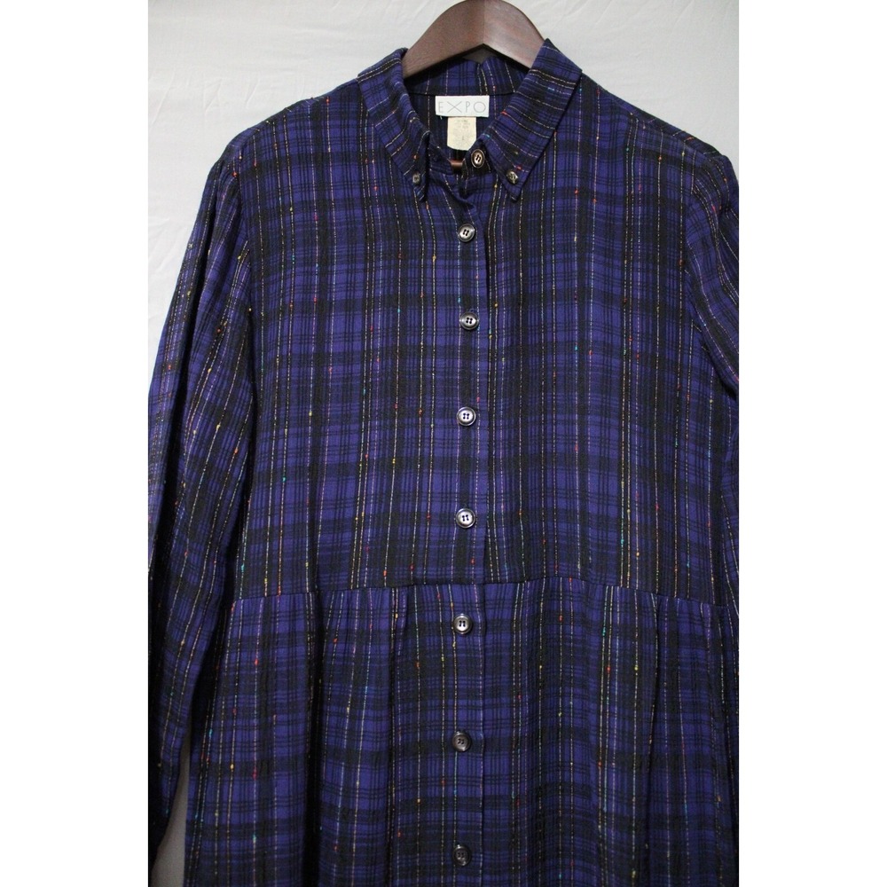 Vintage Expo 90s Maxi Plaid Button Up Dress 12 Black Purple Grunge Whimsigoth - Picture 3 of 9